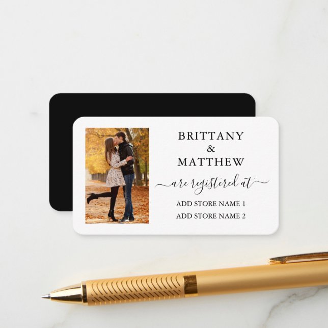 Calligraphy Photo Bröllop Registry Black White Tilläggskort (Fram/Back In Situ)