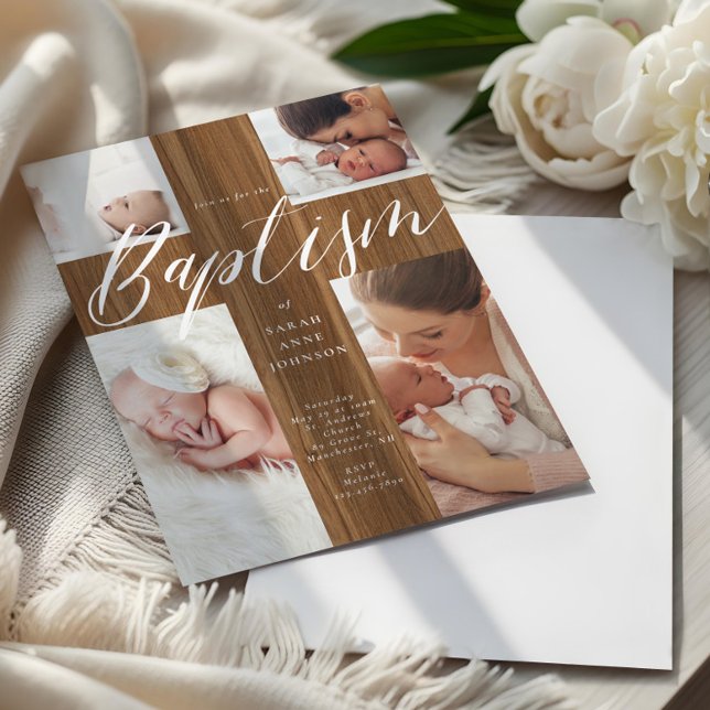 Calligraphy Photo Collage Baby Baptism Wood Cross  Inbjudningar (Calligraphy Photo Collage Baby Baptism Wood Cross Invitation)