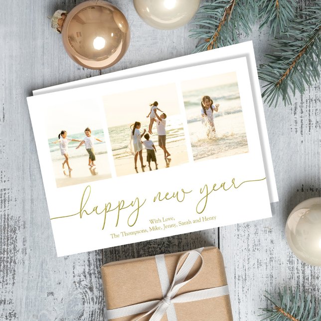 Calligraphy Photo gott nytt år Guld Julkort (Happy New Years photo cards with gold calligraphy script. )