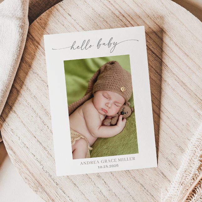 Calligraphy Photo Hello Baby Announcement Card Inbjudningar (Skapare uppladdad)