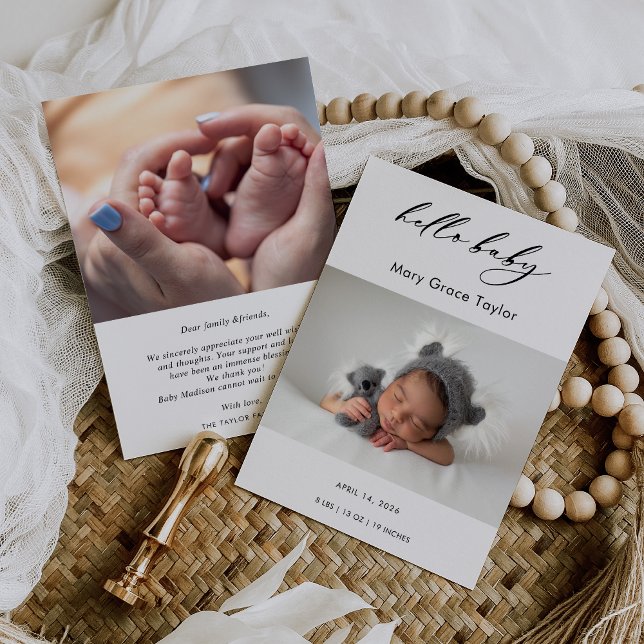 Calligraphy Photo Hello Baby Announcement Card Inbjudningar (Skapare uppladdad)