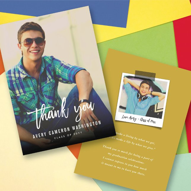 Calligraphy Photo Studenten med vitt penselskript Tack Kort (White Brush Script Calligraphy Photo Modern Graduation Thank You Card @ zazzle.com/color_therapy)