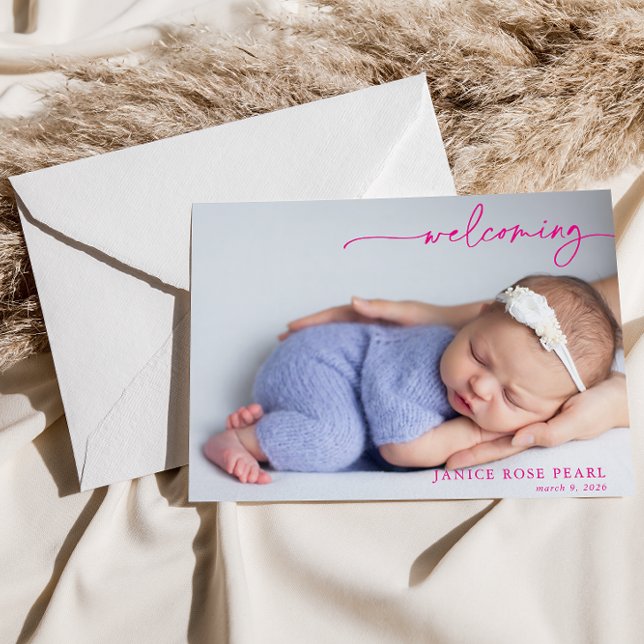 Calligraphy Pink Welcoming Baby Announcement card (Skapare uppladdad)
