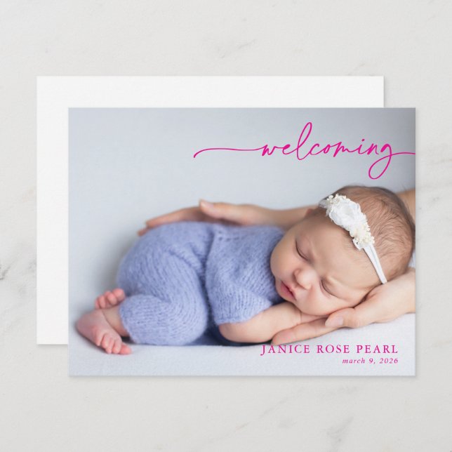 Calligraphy Pink Welcoming Baby Announcement card (Fram/baksida)