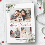 Calligraphy Red Bläck 3 Photo Greenery Berries Julkort<br><div class="desc">Modern Minimalistisk Elegance Calligraphy Bläck Pen Handskriftlig God jul 3 Photo Helgdag Card innehåller Elegant Watercolor Greenery,  Eucalyptus Lövs & Holly Berries. Red Script.</div>