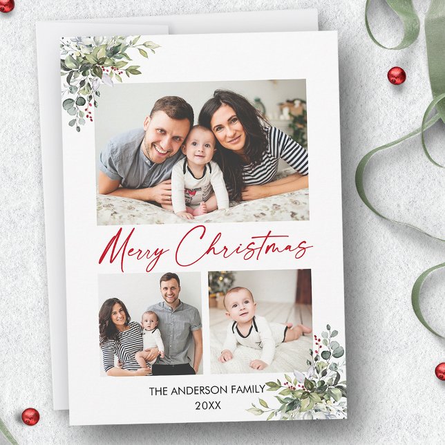 Calligraphy Red Bläck 3 Photo Greenery Berries Julkort (Customize to change your personalized text size or text style.)