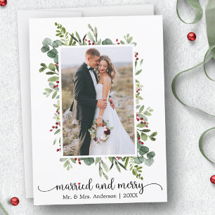 Calligraphy Red Heart Married and Merry Photo Julkort