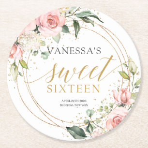 Calligraphy rosa ros sage 16: e födelsedagen underlägg papper rund