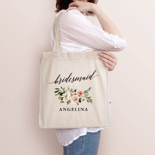 Calligraphy Rosa White Blommigt Bridesmaid Namn Tygkasse