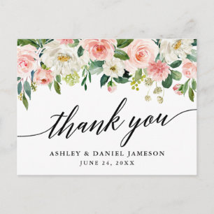 Calligraphy Rosa White Blommigt Bröllop Tack Vykort