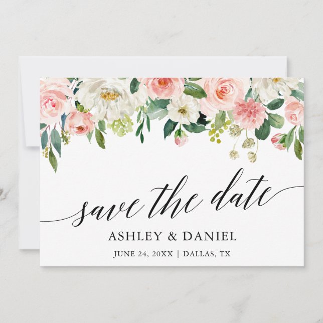 Calligraphy Rosa White Blommigt Save Date Card Spara Datumet (Framsida)