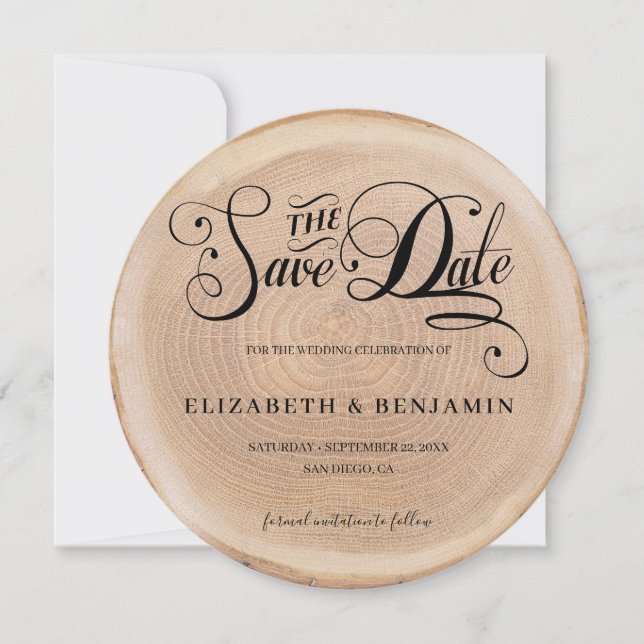 Calligraphy Round Photo Rustic Wood Save Date Inbjudningar (Framsida)