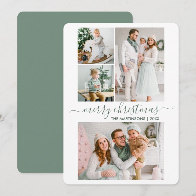 Calligraphy Script 4 Photo Jul Sage Grönt Julkort (Fram/baksida)