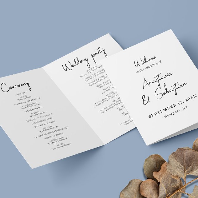 Calligraphy Script Black & White Bi Foldad Bröllop Program (Calligraphy Script Black & White Bi Folded Wedding Program)