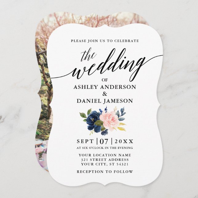 Calligraphy Script Blue Rosa Blommigt Photo Bröllo Inbjudningar (Fram/baksida)