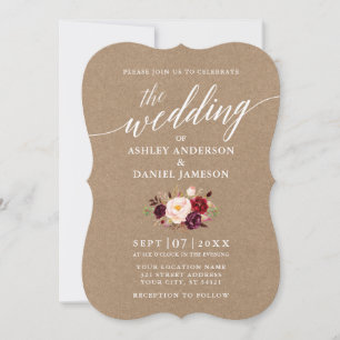 Calligraphy Script Burgundy Blommigt Bröllop Kraft Inbjudningar