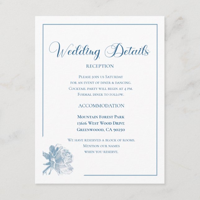 Calligraphy Script Dusty Blue Floral Wedding Tilläggskort (Framsida)