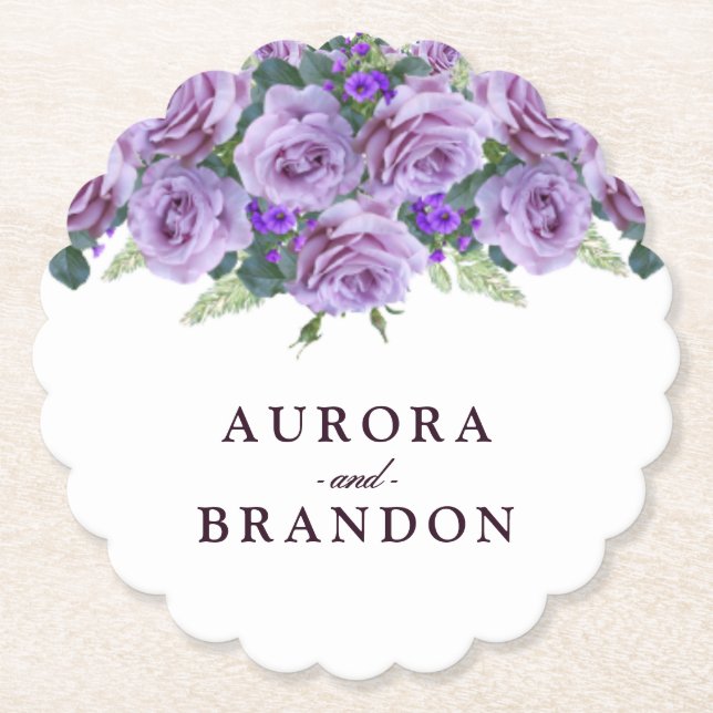 Calligraphy Script Elegant Lila Blommigt Bröllop Underlägg Papper (Framsida)