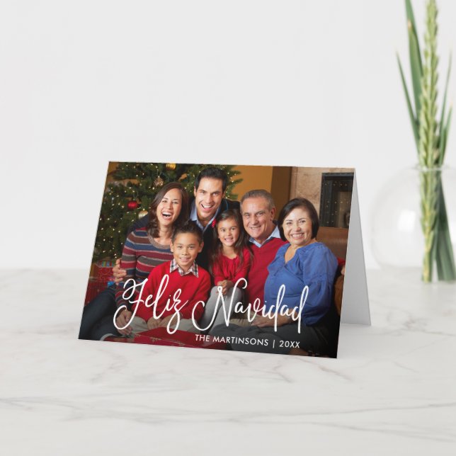 Calligraphy Script Feliz Navidad Photo Fold Helgkort (Framsida)