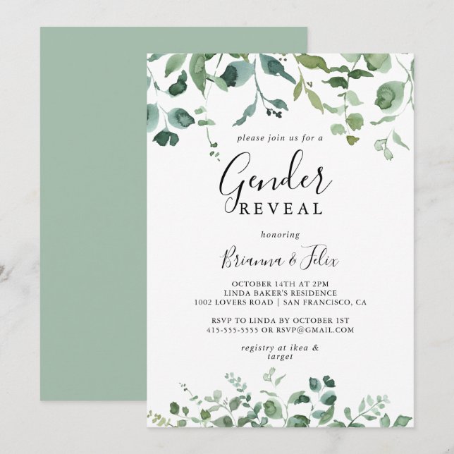 Calligraphy Script Foliage Gender Reveal Party Inbjudningar (Fram/baksida)