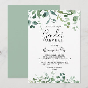 Calligraphy Script Foliage Gender Reveal Party Inbjudningar