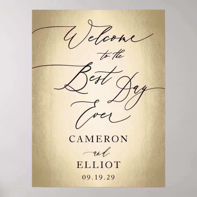 Calligraphy Script Guld Best Day Aldrig Bröllop-te Poster (Framsidan)