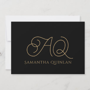 Calligraphy Script Guld Monogram Initialer Black Anteckningskort