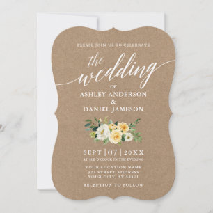 Calligraphy Script Gult Blommigt Bröllop Kraft Inbjudningar
