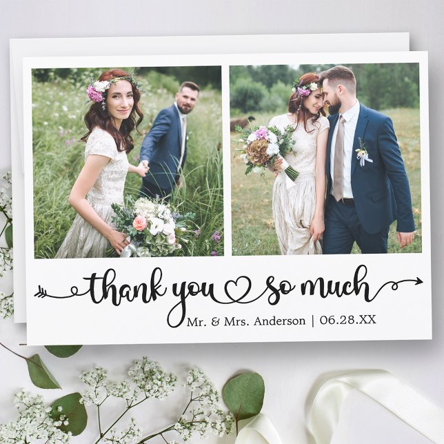 Calligraphy Script Heart 2 Photo Wedding Tack Kort (Customize to change your personalized text size or text style.)