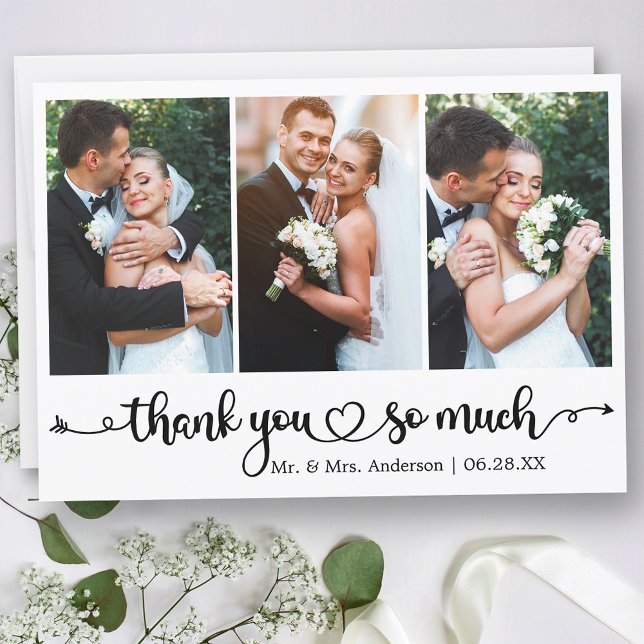 Calligraphy Script Heart 3 Photo Bröllop Tack Kort (Customize to change your personalized text size or text style.)