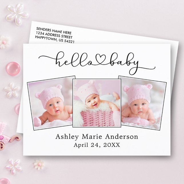 Calligraphy Script Heart 3 Photo Hej Baby Vykort (Customize to change your personalized text size or text style.)