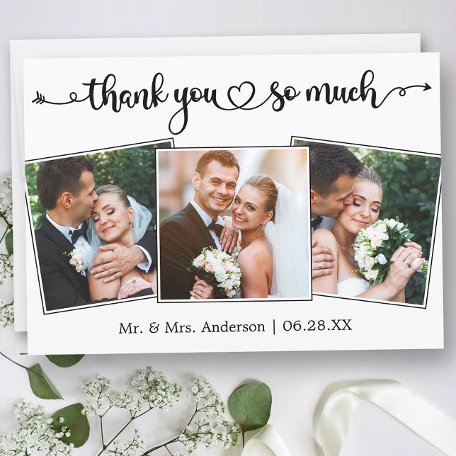 Calligraphy Script Heart 3 Photos Wedding Tack Kort (Customize to change your personalized text size or text style.)