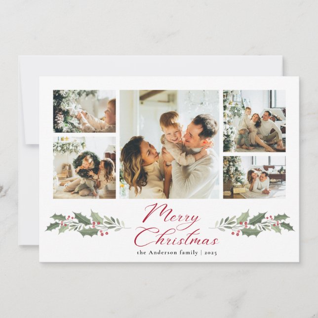 Calligraphy Script Merry Photo Collage Christmas Julkort (Framsida)