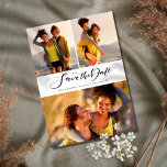 Calligraphy Script Photo Collage Spara Datumet<br><div class="desc">Den här snyggten sparar datumkortet med dina tre speciella foton och ett calligraphy-skript för elegant sparar datumet ovanför den information som du har angett i elegant typografi. Omvänt har ytterligare händelseinformation. Designad av Thisisnotme©</div>