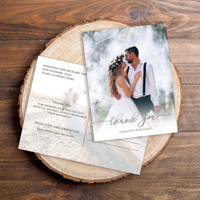 Calligraphy Script Simple Elegant Two Photo Modern Vykort (Silver calligraphy script photo thank you postcard. )