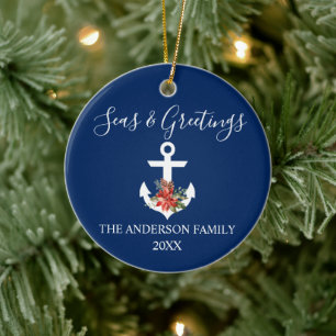 Calligraphy Seas and Hälsning Poinsettia Anchor Julgransprydnad Keramik