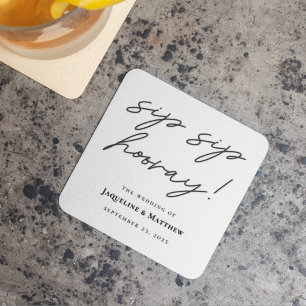 Calligraphy Sip Sip Hooray Black White Bröllop Underlägg Papper Kvadrat