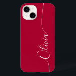 Calligraphy-skript för Crimson White Elegant Namn<br><div class="desc">Crimson Elegant White Calligraphy Script Anpassningsbar Personlig Namn iPhone 14 Smart Phone Case har en modern och enkel design för trendig och snyggt med din personlig namn i elegant-handskriven calligraphy-skripttypografi på en krimson-bakgrund. Designad av ©Evco Studio www.zazzle.com/store/evcostudio</div>