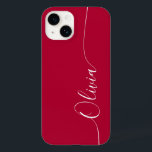 Calligraphy-skript för Crimson White Elegant Namn<br><div class="desc">Crimson Elegant White Calligraphy Script Anpassningsbar Personlig Namn iPhone 14 Smart Phone Case har en modern och enkel design för trendig och snyggt med din personlig namn i elegant-handskriven calligraphy-skripttypografi på en krimson-bakgrund. Designad av ©Evco Studio www.zazzle.com/store/evcostudio</div>