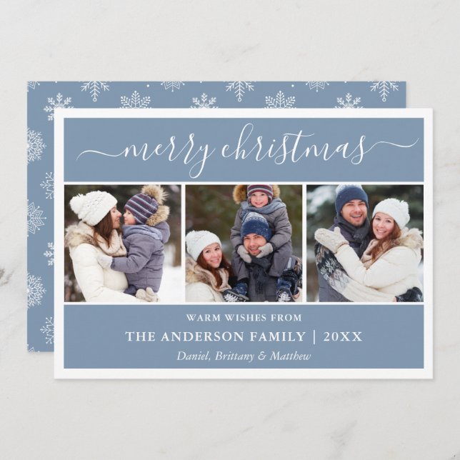 Calligraphy Snöflingor jul Blue 3 Photo Julkort (Fram/baksida)