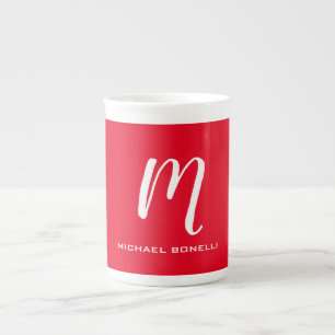 Calligraphy snyggt red white monogram ditt namn benporslin mugg