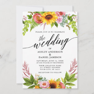Calligraphy Solros Boho Blommigt Bröllop Inbjudningar