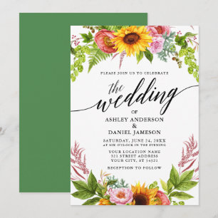 Calligraphy Solros Boho Blommigt Greenery Bröllop Inbjudningar