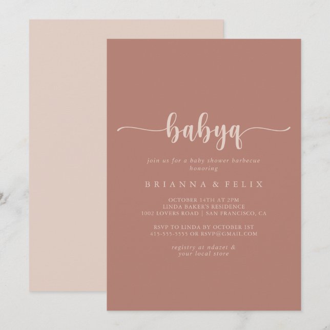Calligraphy Terracotta BabyQ Baby Shower Barbecue Inbjudningar (Fram/baksida)