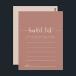 Calligraphy Terracotta Bucket List Cards Vykort<br><div class="desc">Dessa kort för "calligraphy teracotta bucket list" är perfekten för en enkel bröllopsmottagning eller -möhippa. Den enkla utformningen och utformningen av eleganten har skripttypografin klassisk och finare. Ändra ordalydelsen till kostym vid alla livshändelser. Bucketlistskylten säljs separat.</div>