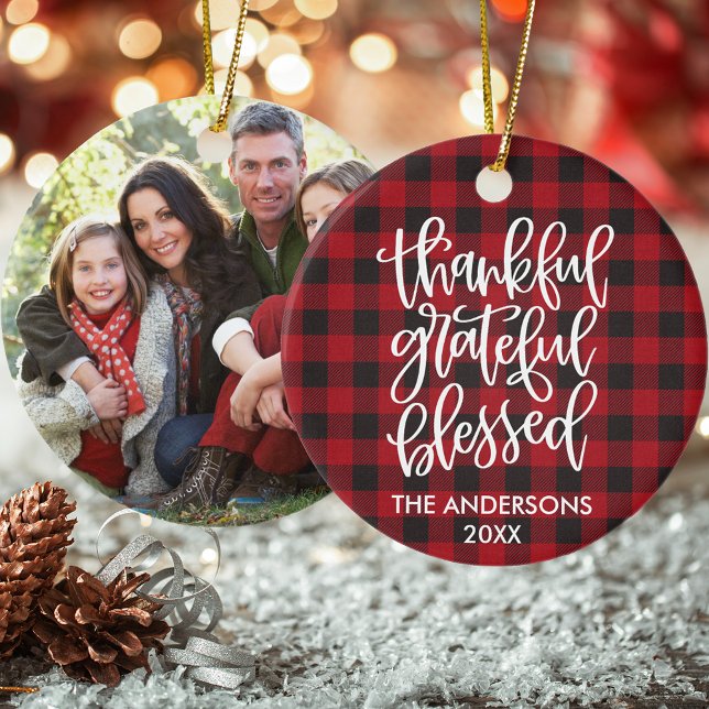 Calligraphy Thankful Grateful Blessed Plaid Photo Julgransprydnad Keramik (Customize to change your personalized text size or text style.)