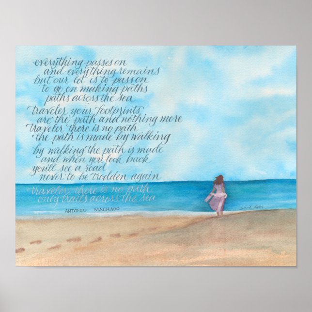 Calligraphy Traveler Dikt on Watercolor Beach Poster (Framsidan)