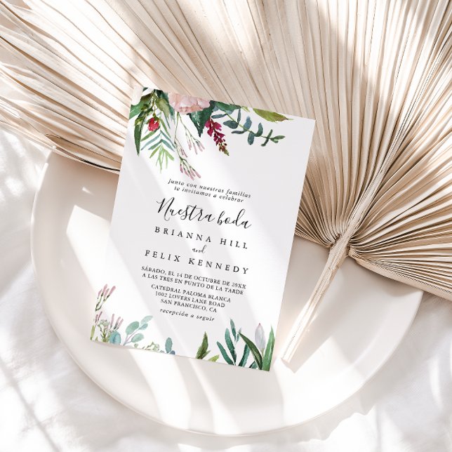 Calligraphy Tropical Blommigt Nuestra Boda Bröllop Inbjudningar (Skapare uppladdad)