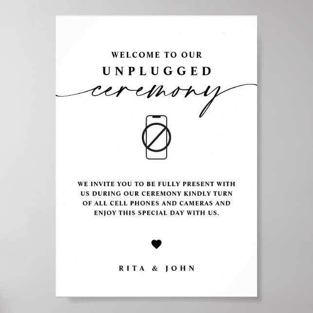 Calligraphy Unplugged Ceremony Bröllop Sign Poster (Framsidan)