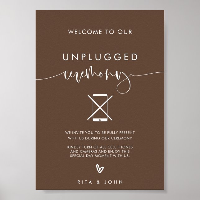 Calligraphy Unplugged Ceremony Bröllop Sign Poster (Framsidan)